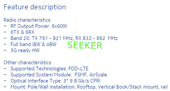 NOKIA 474803A AirScale RFM 6T6R B20 360W ARMA RF Output Power: 6x60W − 6TX & 6RX − Band 20: TX 791 821MHz, RX 832 862MHz supplier